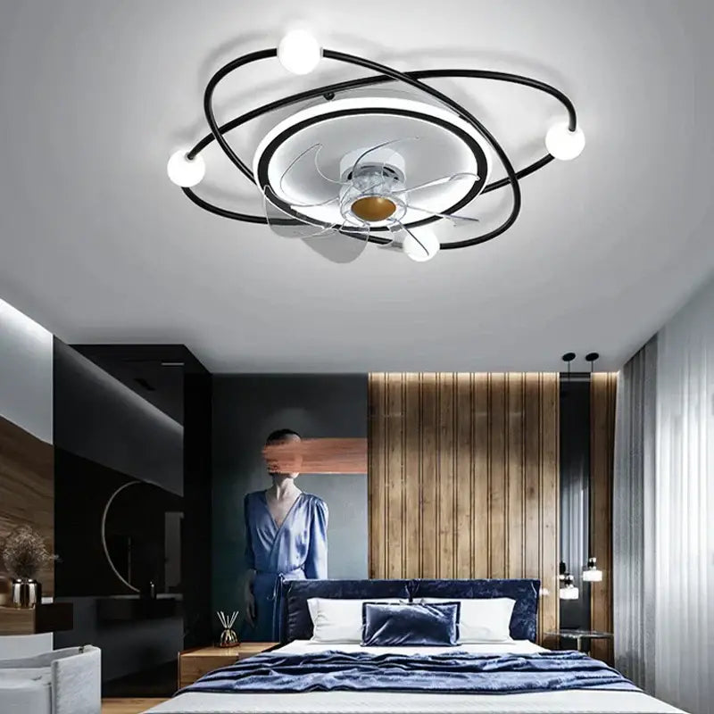 Modern black metal chandelier electric fan with integrated led lights and gold-toned motor housing for home decor