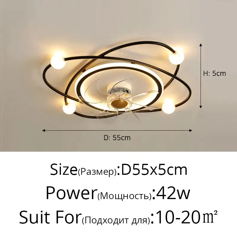 Modern black metal chandelier electric fan with integrated LED lighting and four spherical bulbs for home decor