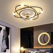 Modern black metal chandelier electric fan with integrated LED lights and central glass housing for home decor