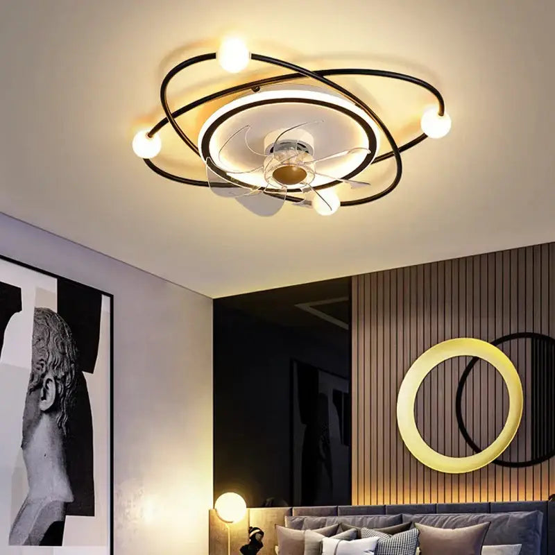 Modern black metal chandelier electric fan with integrated LED lights and central glass housing for home decor