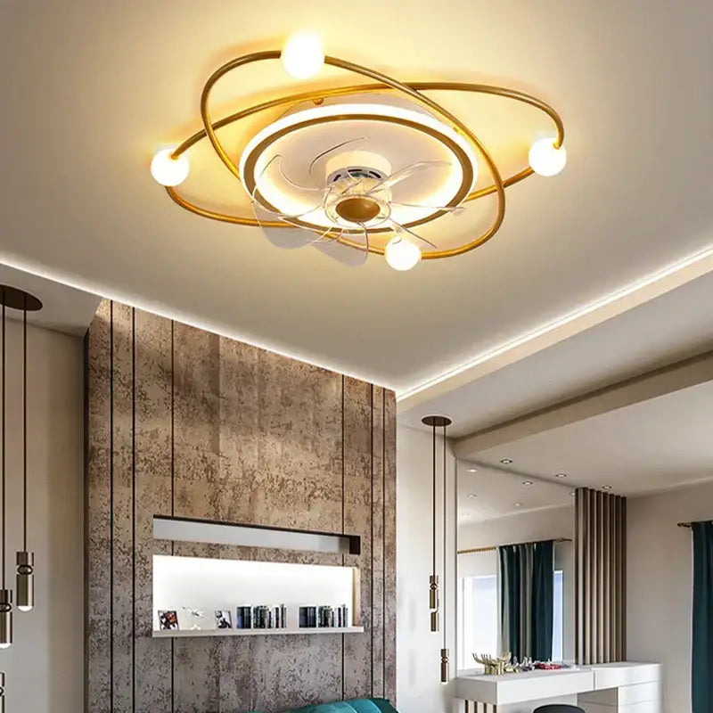 Decorbites™ gold-toned chandelier electric fan with integrated circular rings and four spherical led bulbs for modern decor