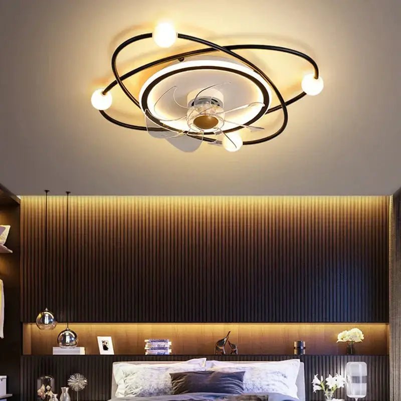 Modern black metal DecorBites™ chandelier electric fan with integrated lights and central white circular design for home decor