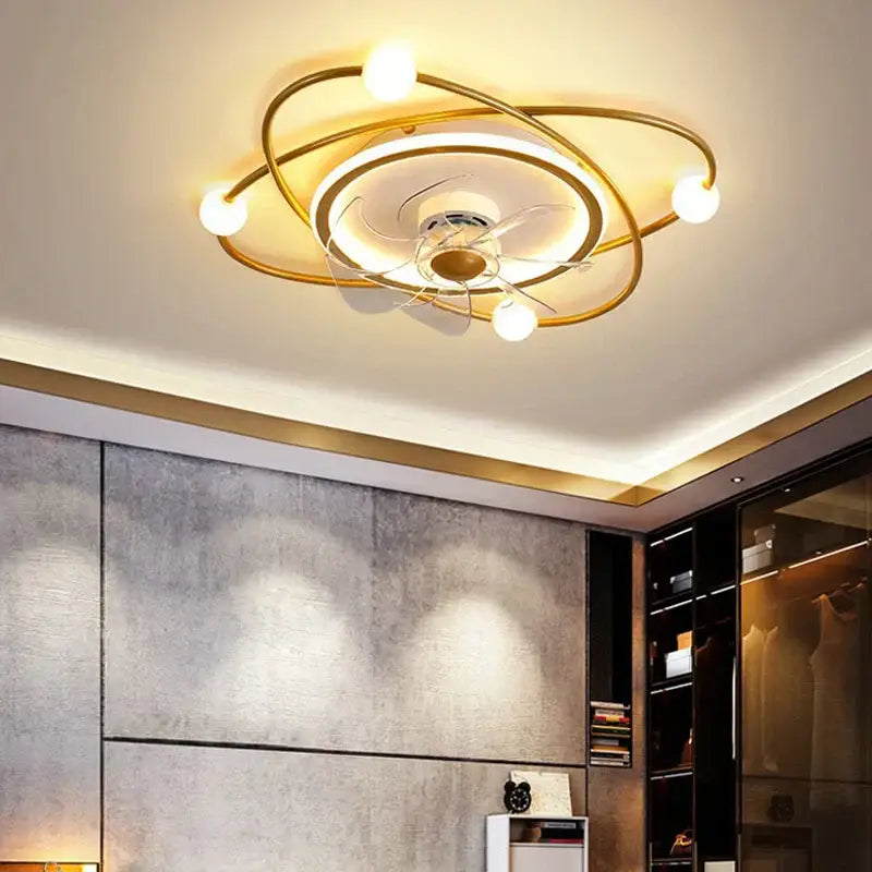 Gold-toned chandelier electric fan with integrated LED lighting and circular design for modern home decor by DecorBites™