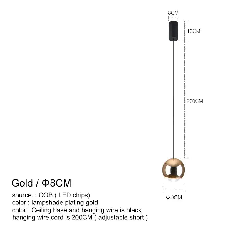 Gold-plated spherical decorbites led chandelier with black ceiling base and wire for bedroom kitchen study use