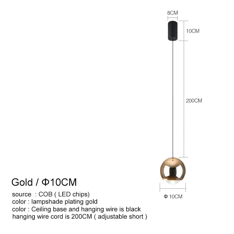 Gold-plated spherical decorbites led chandelier with black ceiling base and wire for bedroom kitchen study lighting