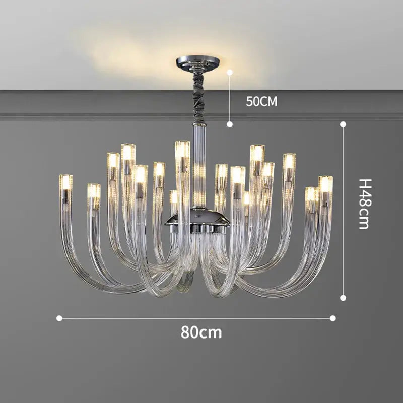 Modern chrome finish decorbites led chandelier with clear curved glass arms lighting fixture for bedroom ceiling