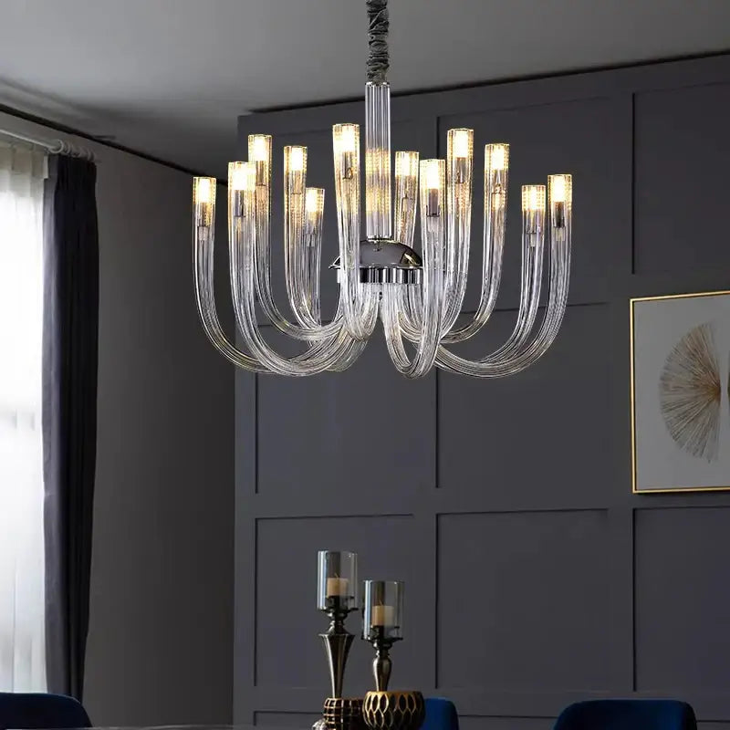 Clear glass decorbites led chandelier with curved arms and chrome fixture lighting fixture for bedroom ceiling