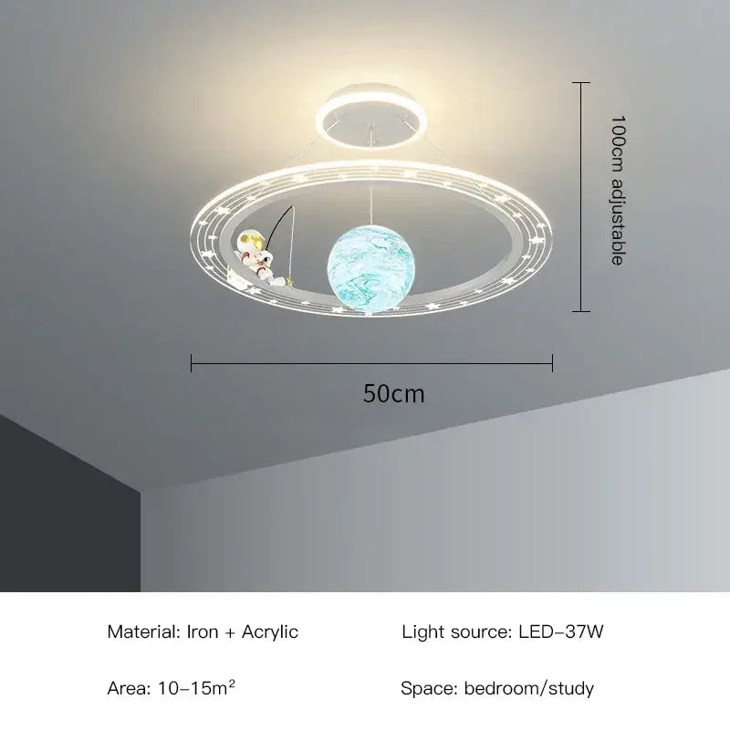 Whimsical decorbites led chandelier featuring an astronaut fishing by a blue planet with glowing rings for boys room