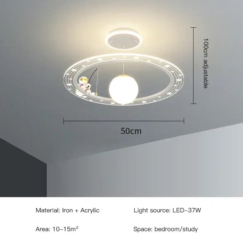 A modern circular white acrylic led chandelier with star and musical note decals by DecorBites for boy’s room