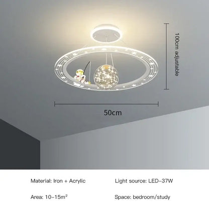 Modern white DecorBites LED chandelier with circular design, astronaut figurine, and crystal ball pendant for boy’s room