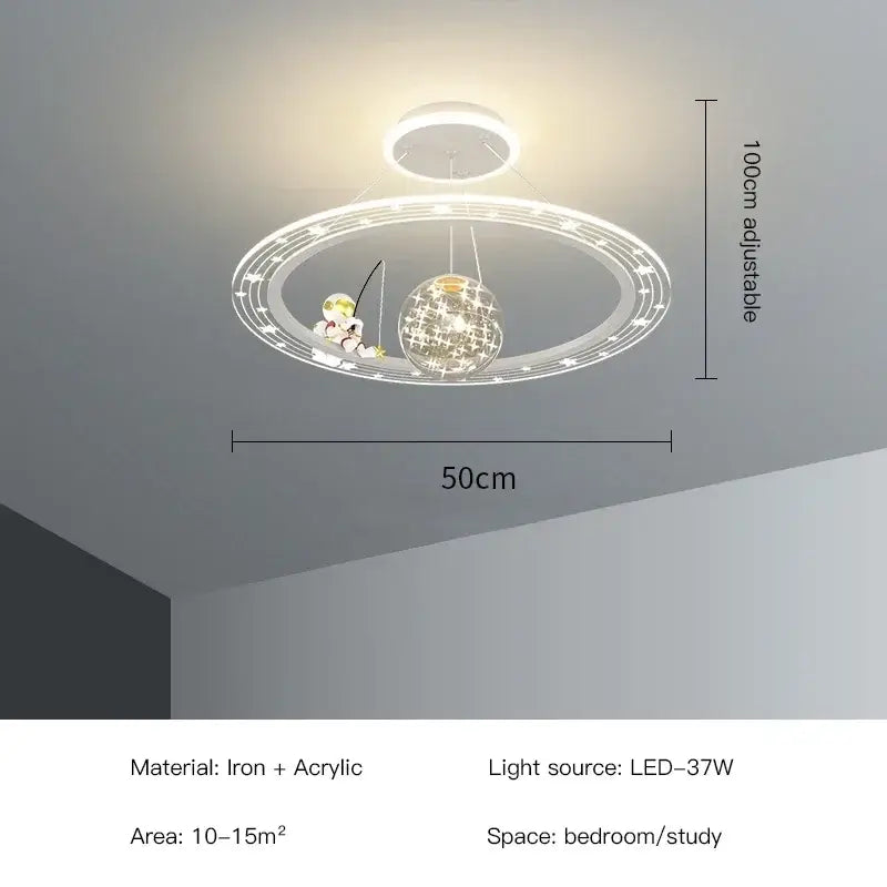 Modern white DecorBites LED chandelier with circular design, astronaut figurine, and crystal ball pendant for boy’s room