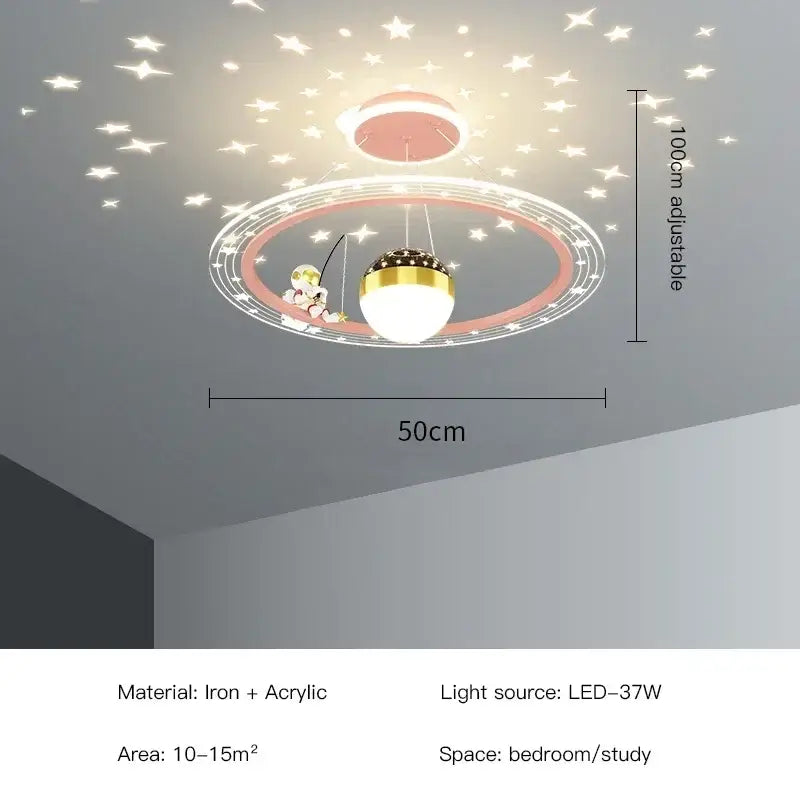Whimsical decorbites led chandelier with cartoon astronaut fishing from golden sphere and starry led acrylic ring