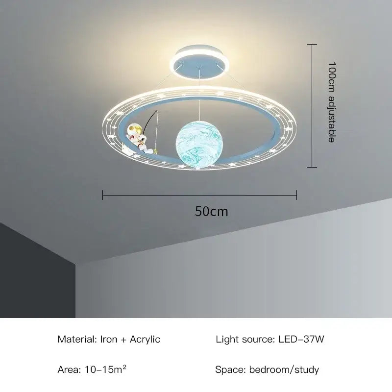 DecorBites led chandelier featuring a whimsical astronaut fishing design with blue planet and star ring for boy’s room