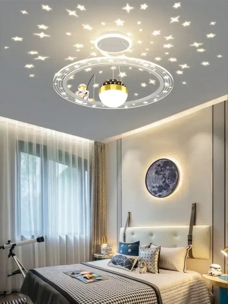 Modern decorbites led chandelier featuring a circular design with a glowing orb and astronaut figure for boy’s room