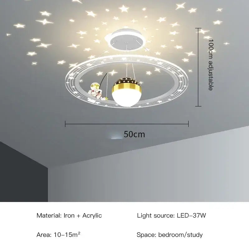 Decorbites led chandelier featuring an adjustable gold astronaut fishing design in acrylic ring for boys room lighting