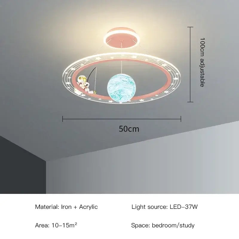 Decorbites led chandelier featuring a pink frame with an astronaut and glowing blue planet for boys room lighting
