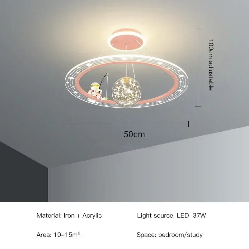 DecorBites led chandelier with pinkish-orange ring and crystal globe designed for boy’s room with remote control