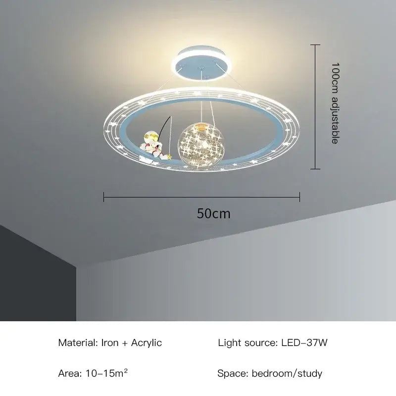 Modern decorbites led chandelier with a circular blue-accented ring and illuminated spherical globe for boy’s room