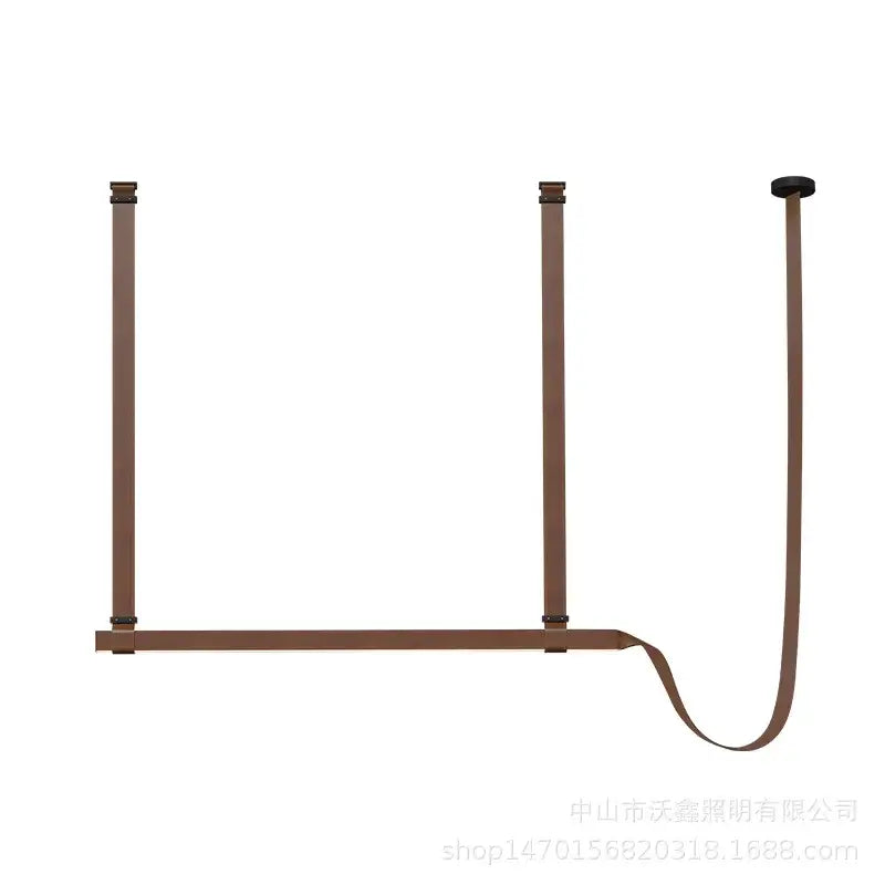Brown leather belt style hanging rack with three vertical straps and horizontal bar shown with decorbites led chandelier