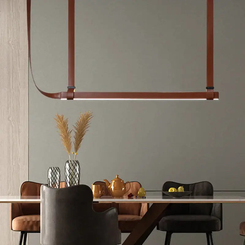 Modern minimalist decorbites led chandelier with warm leather straps and integrated led lighting for dining room or kitchen