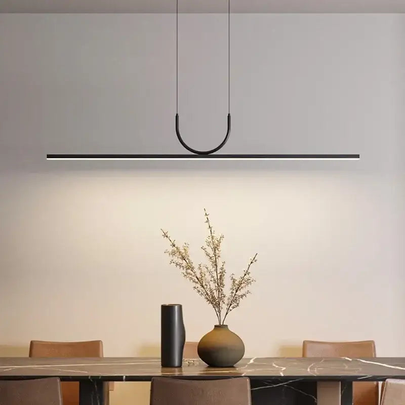 Minimalist black linear led chandelier by DecorBites for nordic minimalist dining rooms and kitchen islands design