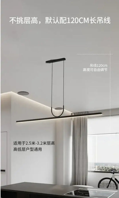 Modern black minimalist led chandelier with sleek linear design and adjustable 120cm chain for kitchen islands