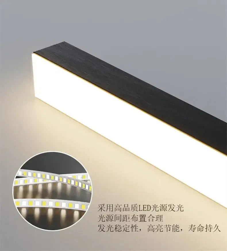 Modern rectangular led chandelier with sleek black wooden finish and bright white illumination for nordic minimalist kitchen islands