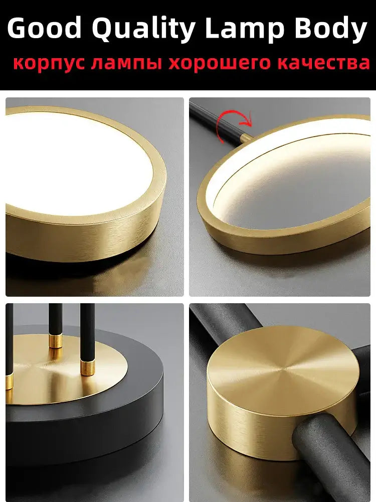 Gold-finished decorbites led chandelier with sleek circular design and brushed metal texture for living room lighting