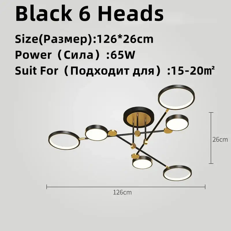 Black and gold modern decorbites led chandelier with six circular led lamps brightness adjustable for living room lighting