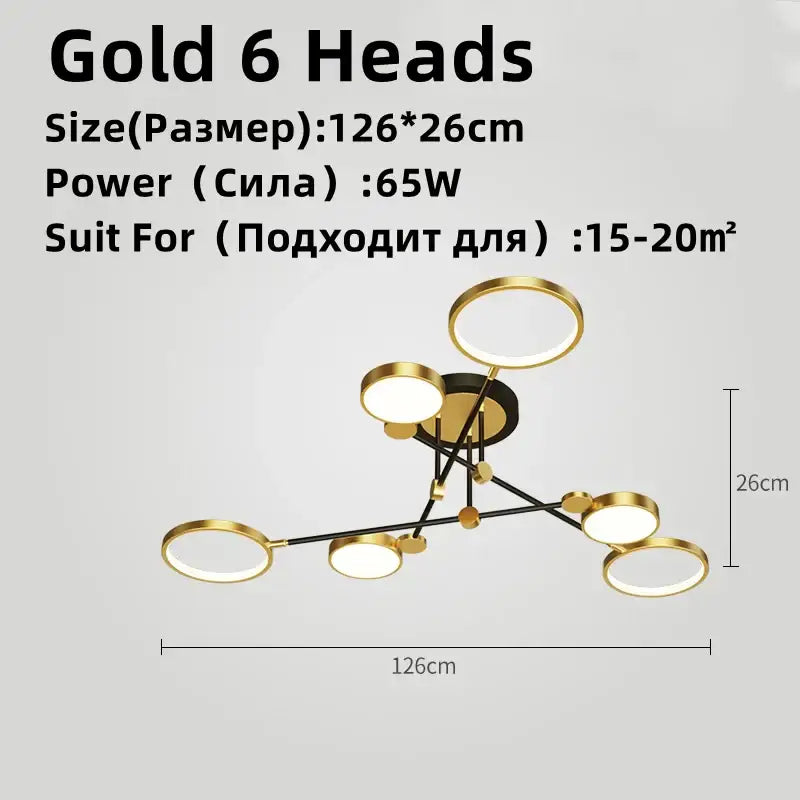 Gold-finished decorbites led chandelier with six circular led bulbs in geometric pattern for living and dining rooms