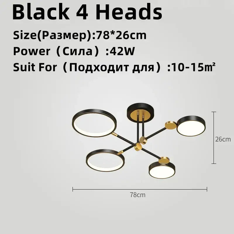 Modern black and gold decorbites led chandelier with four circular illuminated fixtures for living and dining rooms