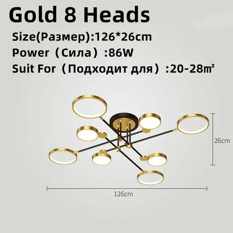 Gold-finished modern decorbites led chandelier with eight circular led rings brightness adjustable for living room lighting