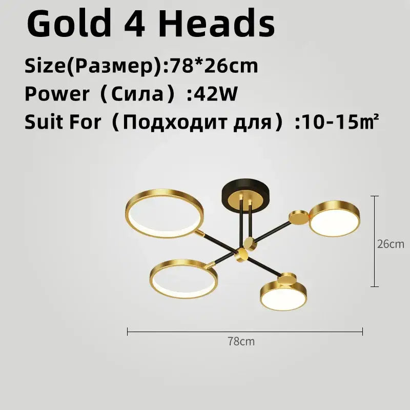 Gold-finished decorbites led chandelier with four circular heads and adjustable brightness for living room lighting