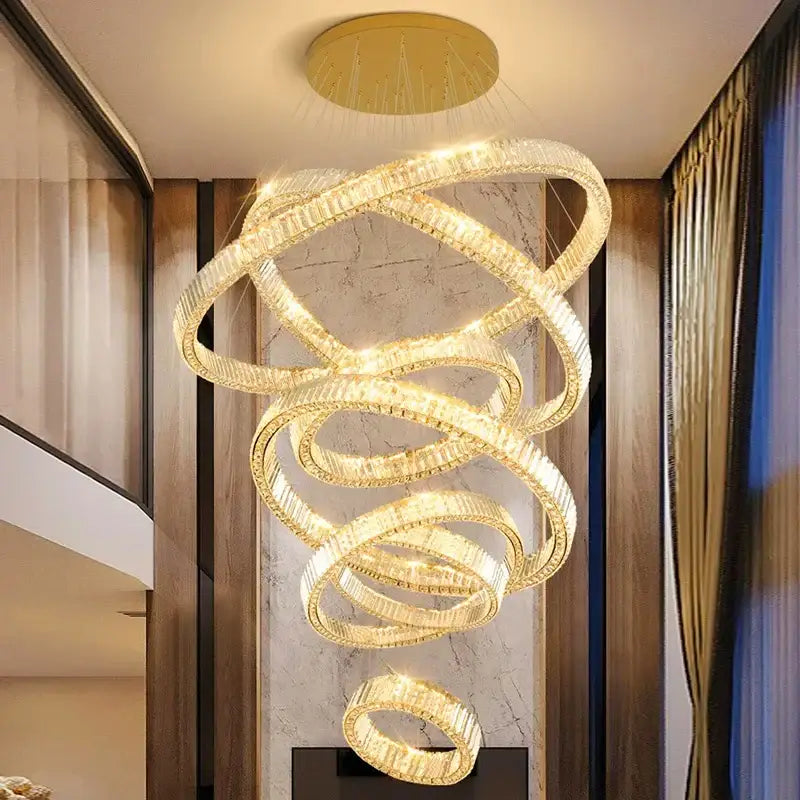 Golden spiral decorbites led chandelier with crystal-encrusted rings for modern bedroom and living room lighting