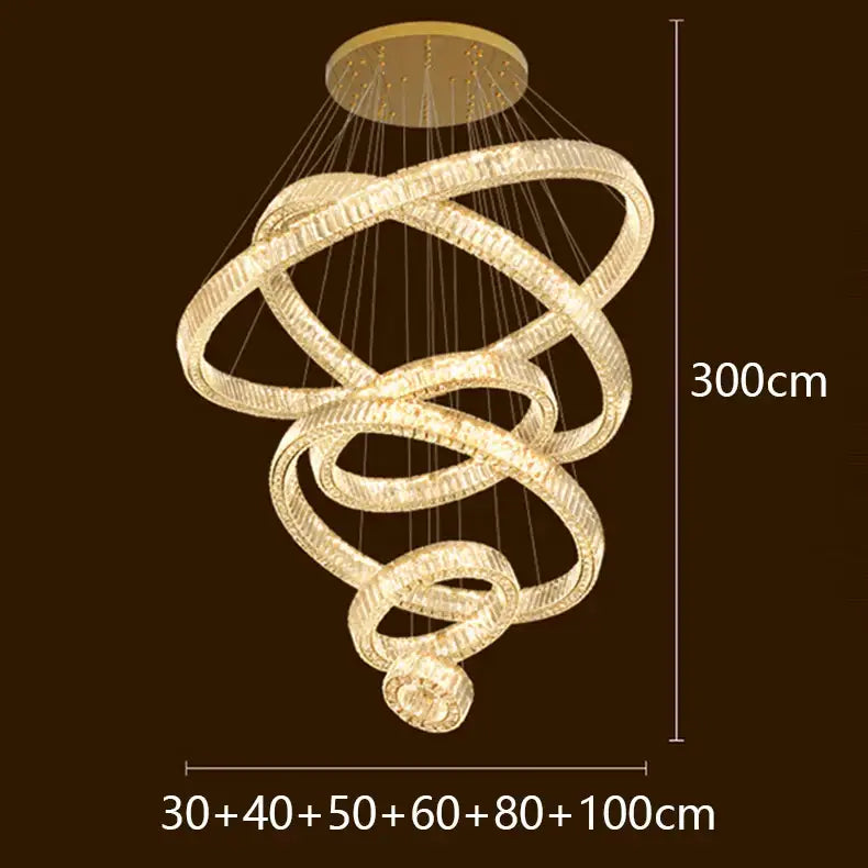 Golden spiral decorbites led chandelier with multiple crystal-embedded interlocking rings for modern bedroom lighting