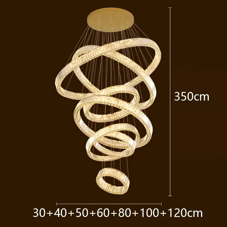 Golden spiral decorbites led chandelier with interlocking crystal rings for modern bedroom and living room decor lighting