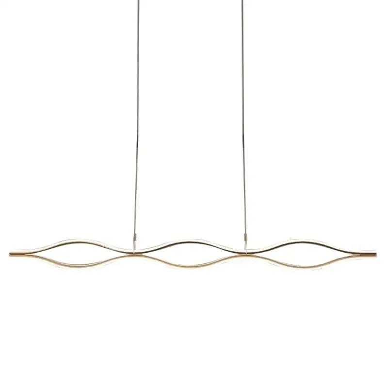 Modern gold-toned DecorBites LED chandelier pendant light with sleek wavy design and thin metallic cords for dining