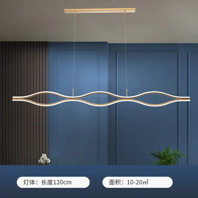 Modern gold-toned decorbites led chandelier pendant light with sleek wavy design and two hanging cords for dining and bar tables