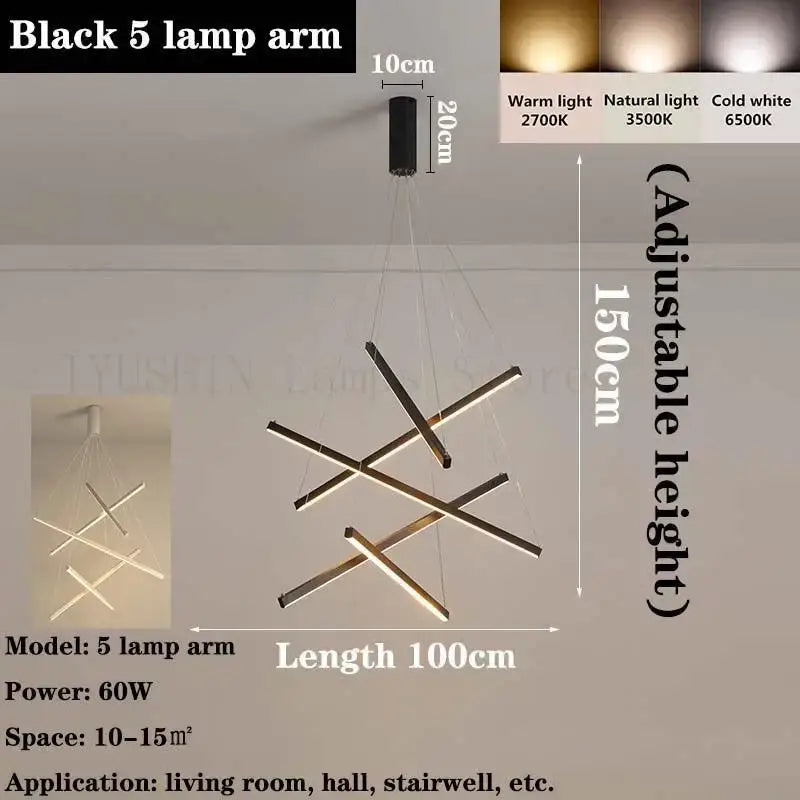 Black 5-lamp arm decorbites led chandelier with sleek modern design and adjustable height for living and dining rooms