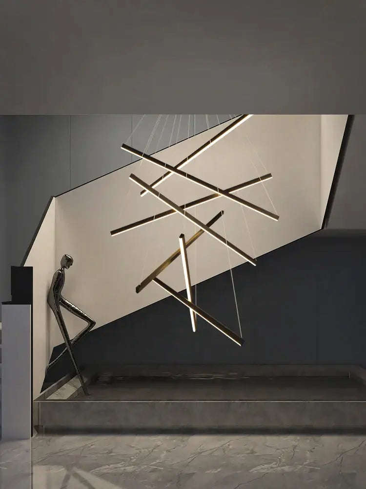 Modern geometric decorbites led chandelier with gold-toned and matte black bars for loft and living room lighting
