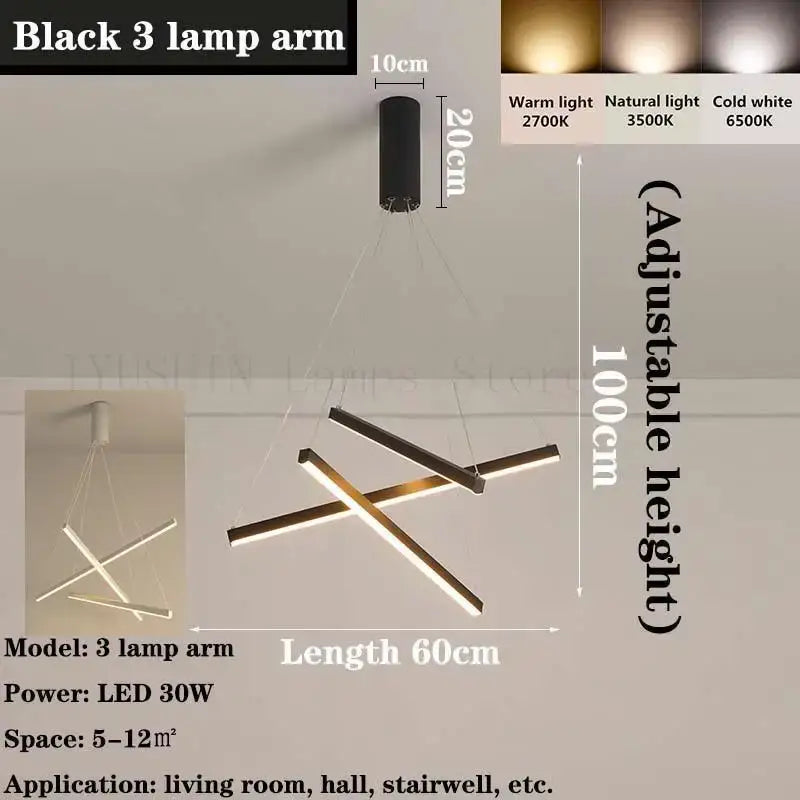 Black 3-lamp arm led chandelier with adjustable height and warm natural or cool white lighting by DecorBites LED chandelier