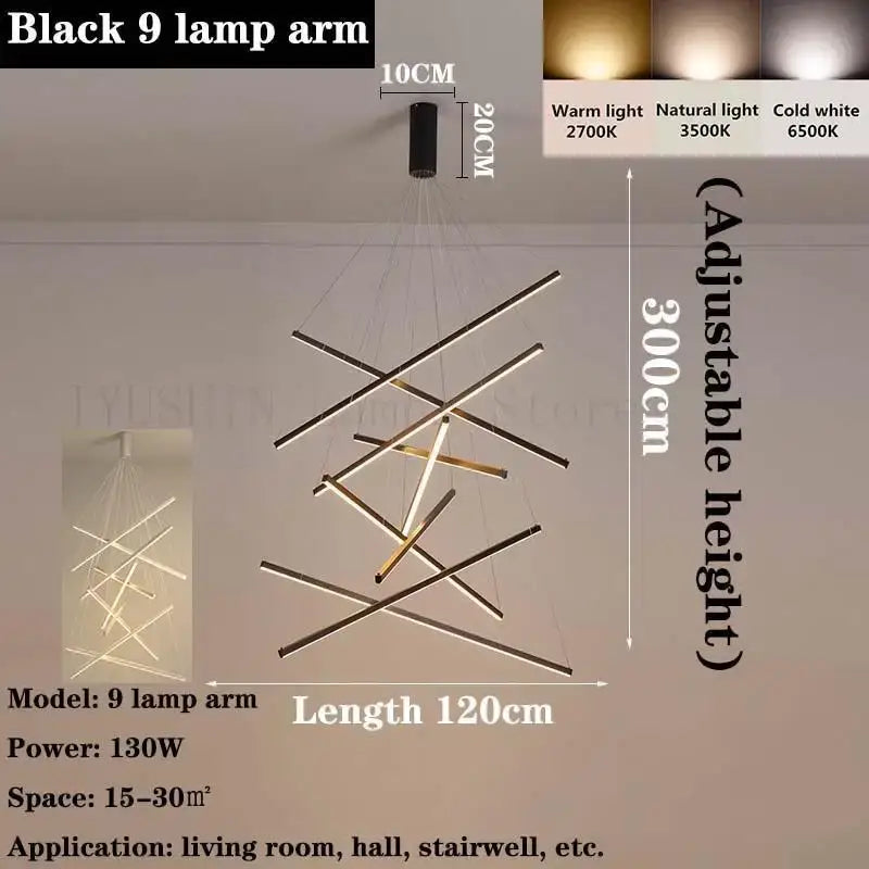 Black 9-lamp decorbites led chandelier with intersecting linear led bars for modern duplex interior and loft decor