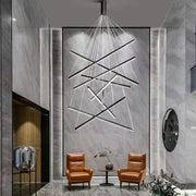 Modern black linear DecorBites LED chandelier with intersecting illuminated bars for loft and duplex interior lighting