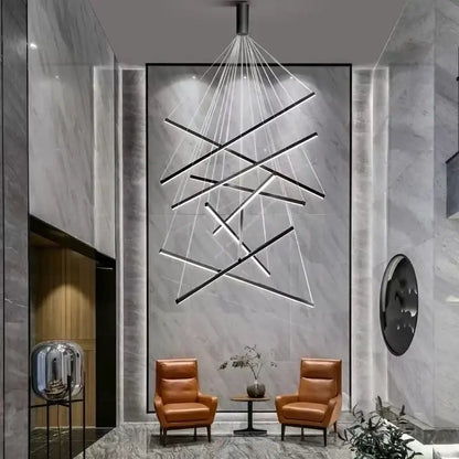 Modern black linear DecorBites LED chandelier with intersecting illuminated bars for loft and duplex interior lighting