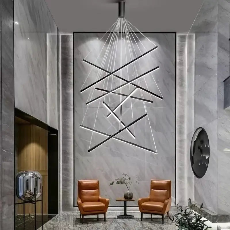 Modern black linear DecorBites LED chandelier with intersecting illuminated bars for loft and duplex interior lighting
