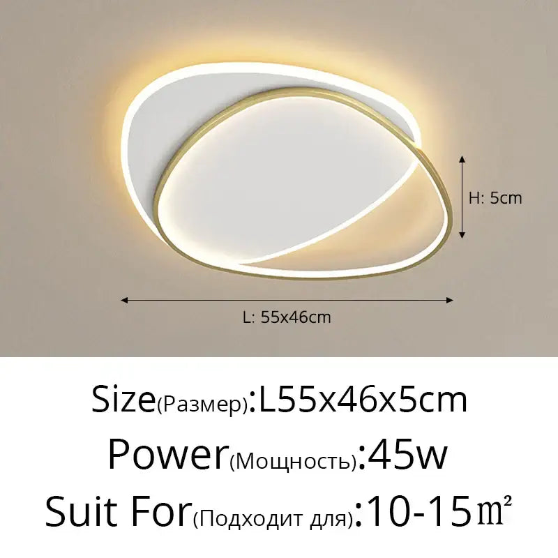 Modern minimalist decorbites led chandelier with two overlapping oval rings in white and gold-toned metal frame for indoor lighting