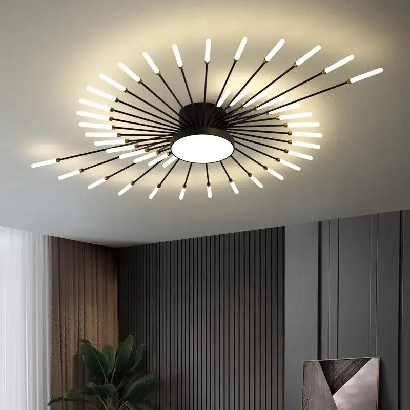 Modern black and brass DecorBites LED chandelier with starburst design and frosted LED rods for kids room lighting decor