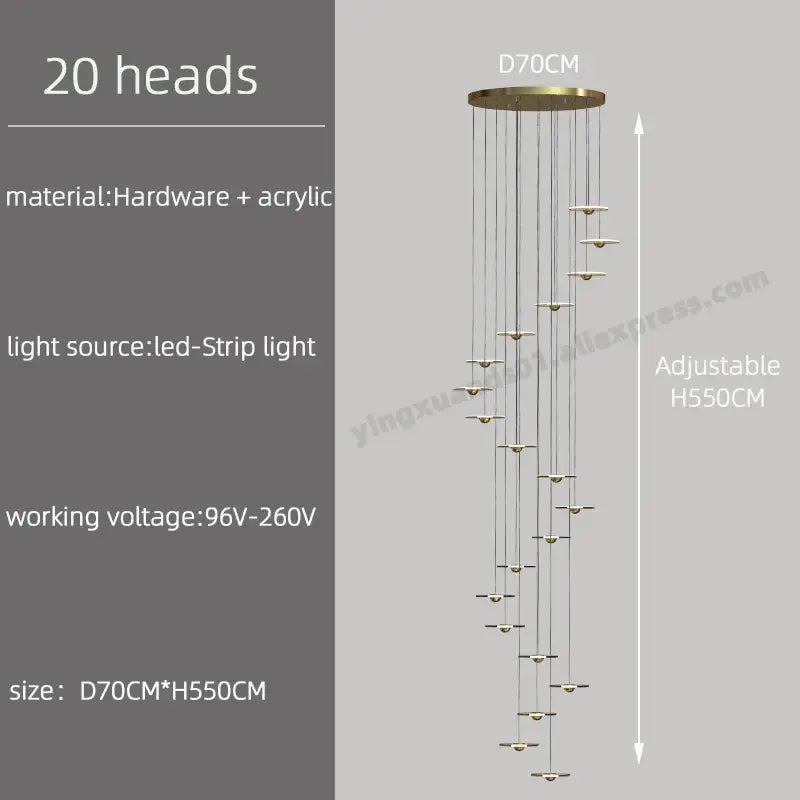 Modern brass-finished decorbites led chandelier with 20 cascading led light heads for loft villa staircase ceiling