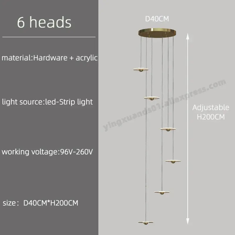 Modern brass-finished decorbites led chandelier with six adjustable led strip lights for revolving staircase lighting