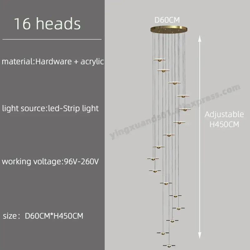 A modern decorbites led chandelier with 16 brass heads and acrylic shades for loft villa staircase ceiling hanging lamp